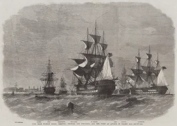 Blick von Spanish Point, Bermuda, zeigt die Werft und die Flotte vor Anker in Grassy Bay